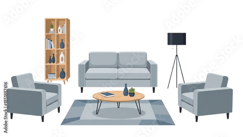 Modern living room interior with furniture and decor on a gray and white background from a front viewpoint