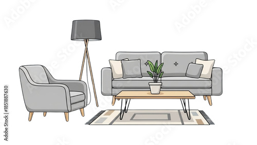 A modern living room setup featuring a gray sofa, armchair, and coffee table on a patterned rug