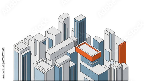Isometric illustration of a highlighted building in a 3D cityscape with prominent architecture and urban landscape