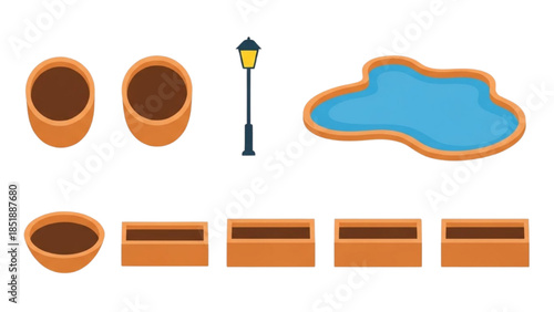 Illustration of gardening elements including pots, lamp post, pond, and planters in a landscape setting from a top view.