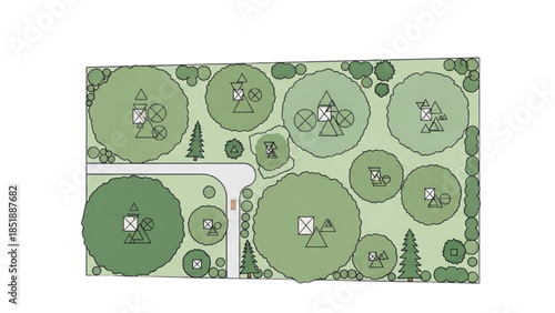 An aerial view of a serene landscape with trees, wind turbines, and cyclists enjoying a leisurely ride.