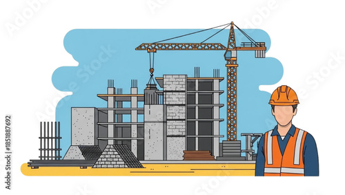 Construction worker standing in front of a building site with cranes and scaffolding