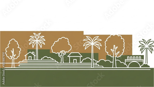 Stylized Illustration of a Tropical Landscape with Buildings and Trees