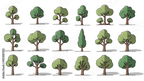 Collection of various trees illustrated in a grid pattern on a white background