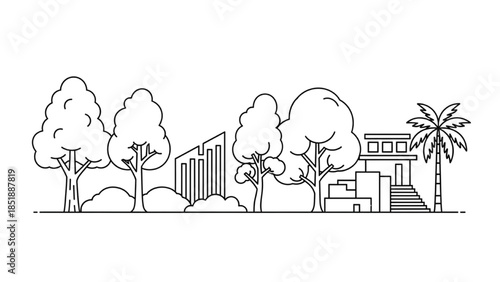 Modern buildings surrounded by trees in a serene landscape viewed from a distance
