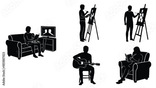 People enjoying hobbies at home and relaxing