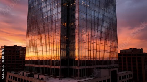 Modern Glass Skyscraper Reflecting Vibrant Sunset Sky.