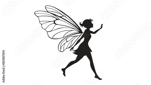 Silhouette of a fairy with large wings in motion
