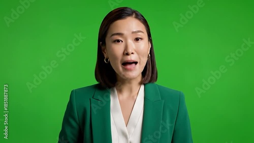 Wallpaper Mural Professional Asian woman smiling in a green blazer against a vibrant green screen Torontodigital.ca