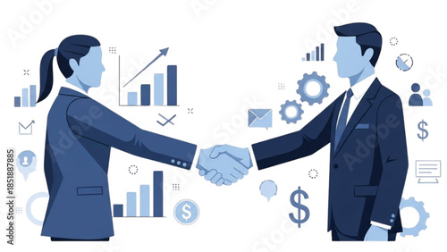 Business professionals shaking hands amidst financial data and icons
