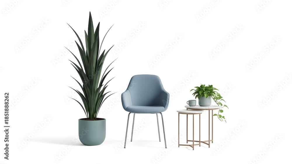 Fototapeta premium Modern minimalist interior decor with chair side table and potted plants on white background