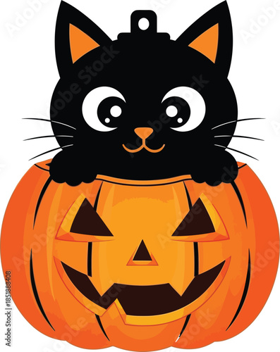Playful Black Cat Peeking from Carved Halloween Pumpkin