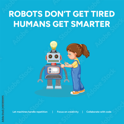 STEM Education Concept Illustration with a Young Girl Repairing a Robot with Lightbulb Head Representing Creative Learning