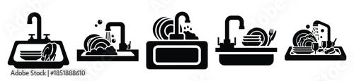 Collection of  sink washing dishes silhouette icon set. cooking vector icons illustration