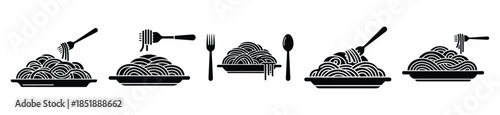 Collection of  spaghetti plate silhouette icon set. cooking vector icons illustration