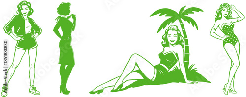 Retro Pin Up Girls Vector Set.Vintage Women Illustrations Collection.Mid Century Modern Pinup Style.Classic 1950s Fashion Characters.Green Duotone Pop