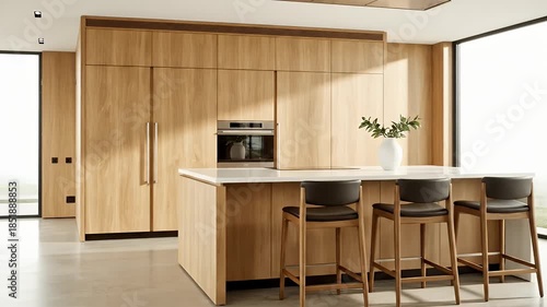 Modern Kitchen Island with Built-in Appliances and Natural Wood Cabinetry.