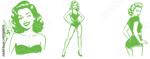 Retro Pin Up Girls Set.Vintage Bikini Vector Art.Three Stylish Poses Graphic.Winking Peace Sign Mascot.Green Pop Art Ladies