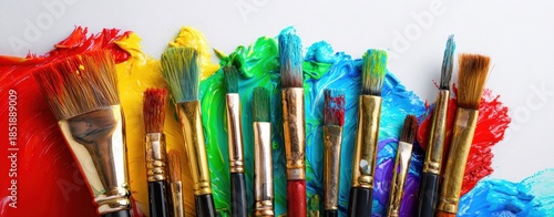 The vibrant array of paintbrushes resting on colorful paint swirls