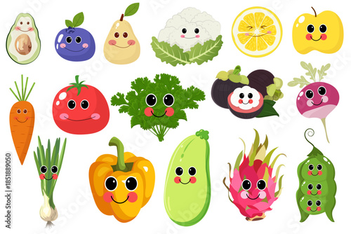 A collection of cute fruits and vegetables with smiling faces, perfect for children's designs, healthy eating themes, or fun illustrations.	
