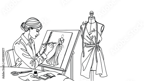 Fashion designer sketching elegant dress in modern studio with tools