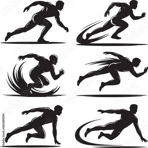 Dynamic illustrations of an athlete in various running poses