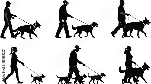 Set of Six Black Silhouette Illustrations of People Walking Dogs on Leashes, Various Men and Women Exercising Different Breeds, Pet Owner Activity Vector Graphic Design Elements Isolated White Backgr