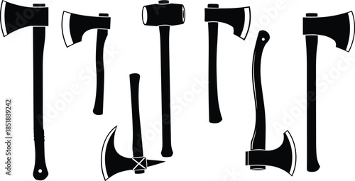 Set of Various Axe and Hammer Silhouettes, Featuring Wood Chopping Tools and Splitting Mauls, Representing Carpentry, Forestry, Logging, and Survival Vector.