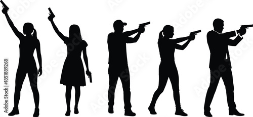 Silhouettes of Secret Agents and Armed Civilians with Handguns Dynamic Action and Thriller Movie Poster Concept for Security, Protection, and Crime
