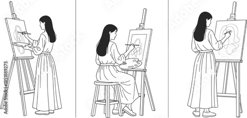 Set of Vector Illustrations Featuring a Young Female Artist Drawing or Painting on an Easel in Three Different Poses for Creative Design and Art Education Concepts.