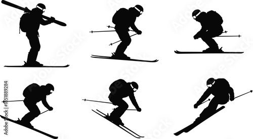 Skier silhouette collection showing downhill skiing actions, winter sports motion, alpine athlete poses, and dynamic snow activity scenes isolated on white background