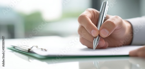 The Hand Writing on a Clipboard with Pen in Bright Office Environment