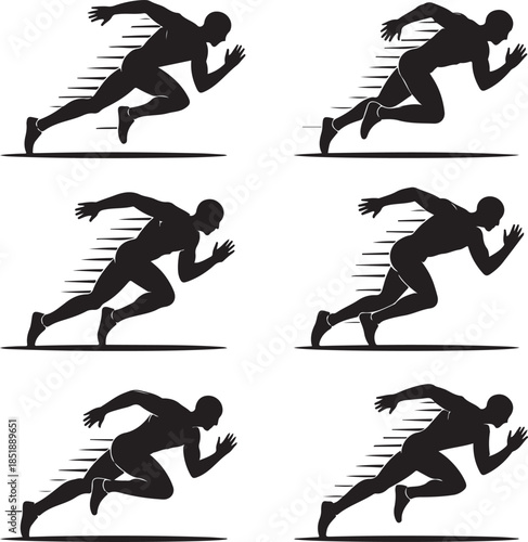 Six sequential silhouettes of a runner in sprinting motion