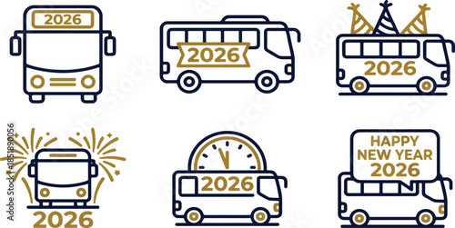 Print2026, new year, bus, icon set, line art, bold line, two-color, transportation, public transit, travel, celebration, fireworks, party hat, countdown, midnight, vehicle, coach, shuttle, commute, fl