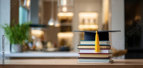 The Stack of Books Topped with a Graduation Cap and Yellow Tassel in Kitchen