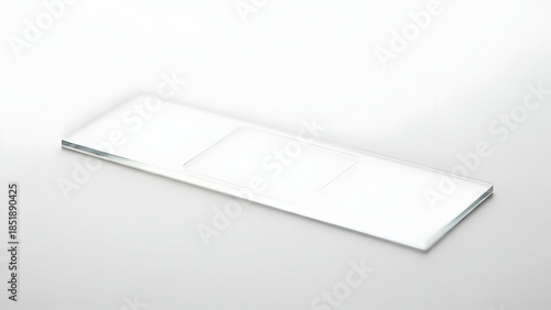 Microscope slide, a common laboratory tool for specimen viewing, featuring a clear rectangular glass plate for scientific observation and research