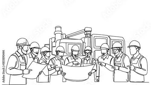 Engineers and workers planning construction project together