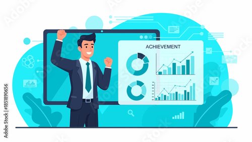 Businessman presenting data on large screen.