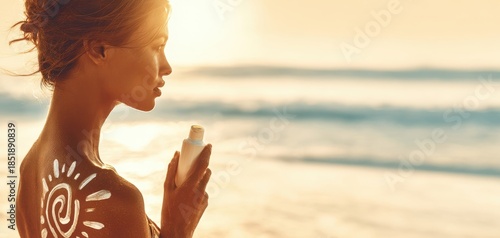 The Woman Applying Sunscreen With Sun Design On Shoulder At Beach Sunset