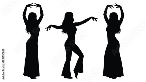 Silhouettes of women dancing in elegant long dresses