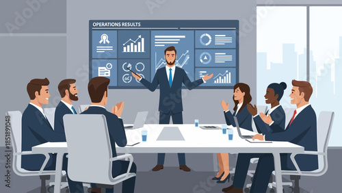 Businessman presenting to colleagues in meeting room 3.