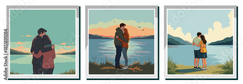 Romantic couple hugging by the lake at sunset. Minimalist flat vector illustration set of lovers enjoying nature. Perfect for Valentine's Day, wedding, and travel designs