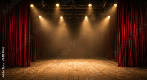 Dramatic Theater Stage with Red Curtains, Wooden Floor and Atmospheric Spotlight Lighting