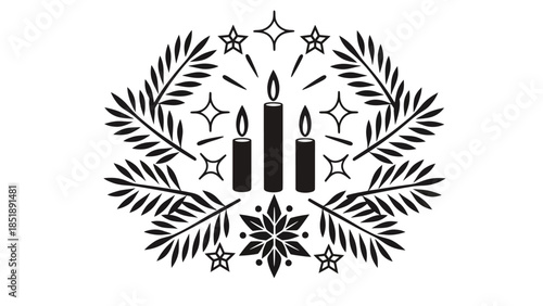 Festive Christmas candles in a holiday wreath with snowflakes and stars