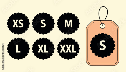 Set of clothing size labels X S M L X L X L and a price tag with size S size chart apparel sizes