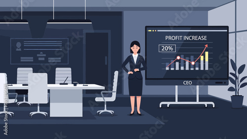 Businesswoman presenting profit increase graph on screen.