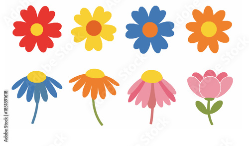 Vibrant round flower vector set with cute abstract petals and minimalist botanical design isolated on white background