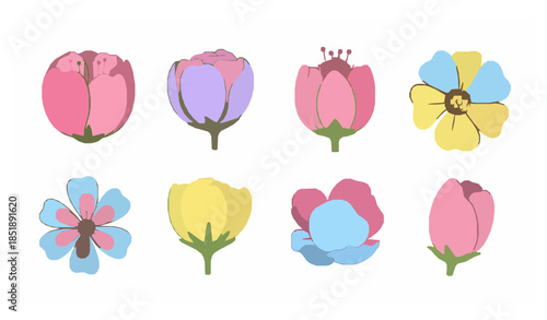 Cute round flowers vector collection with pastel petals and abstract botanical elements isolated on white background