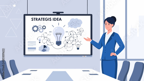 Businesswoman Presenting Strategic Idea on Whiteboard.