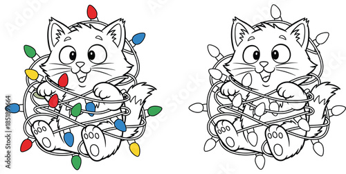 A charming animated kitten entangled in Christmas lights A humorous vector drawing of a kitten isolated on a white background for a coloring book page